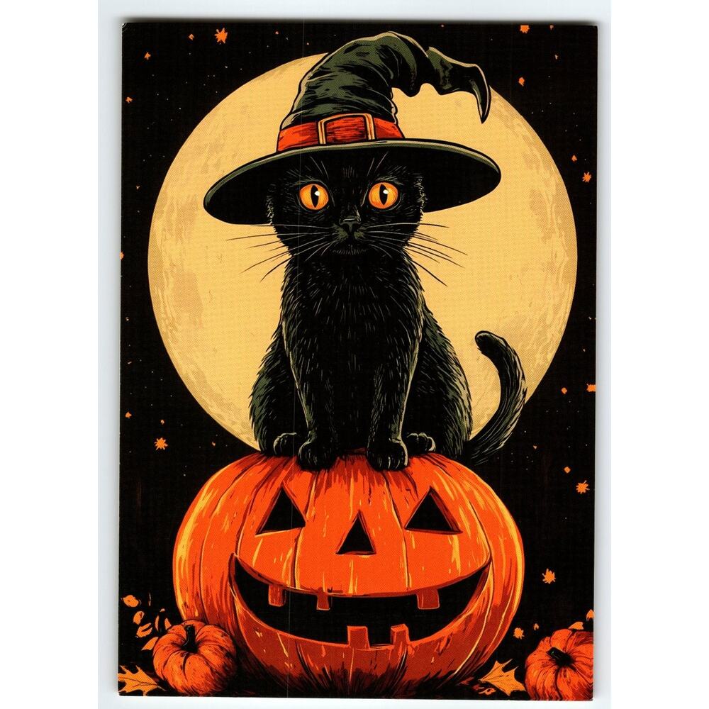 Vintage Halloween Postcard Black Cat on Jack-O'-Lantern Full Moon
